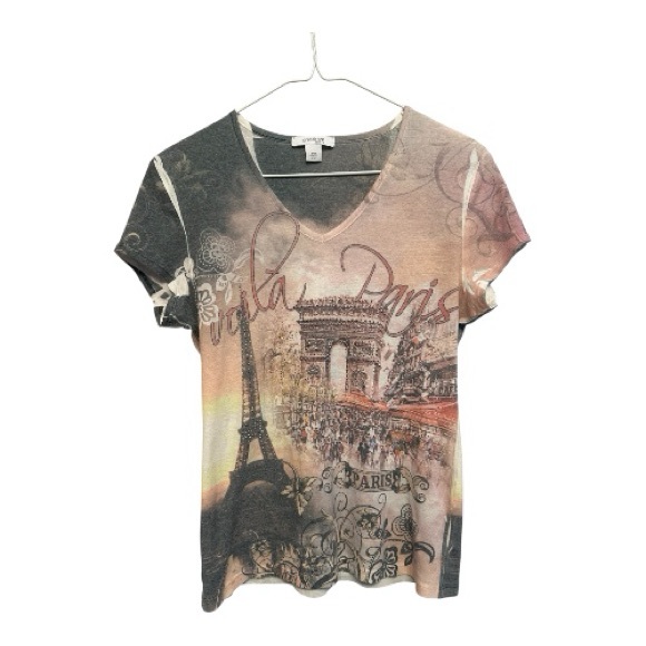 Vintage Tops - Y2K Era Dressbarn Paris Graphic Tee - Black and Pink w/ Rhinestones PM